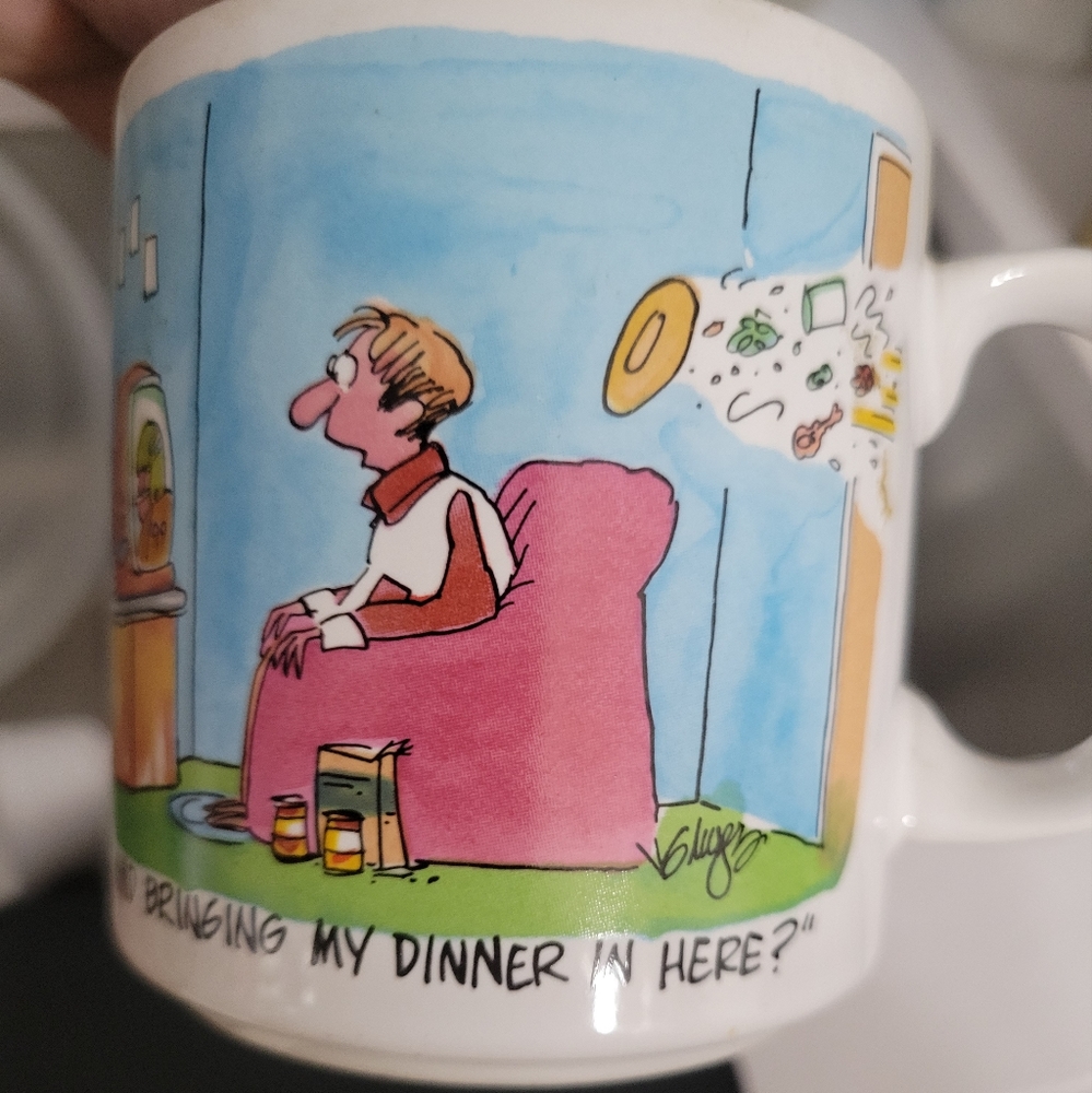 I Do Mind comic coffee cup, man watching football, spouse throwing dinner at him